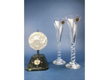 'vintage' Millennium Souvenirs - Pair Of Unused Champagne Glasses And New Years Dropping Ball Clock