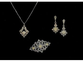 Sterling Silver And Marcasite Necklace, Earrings And Brooch