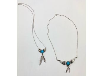 Lot - Two Antique Sterling Silver And Turquoise  Navajo Feather Land Leaf  Necklaces