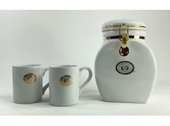 White Ceramic European Coffeehouse Bean Canister And Pair Of Mugs - New, Unused In Box