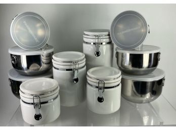 Four Potter And Smith White Ceramic Canisters And 2 Sets Of 3 Farberware Steel Nesting Bowls With Lids