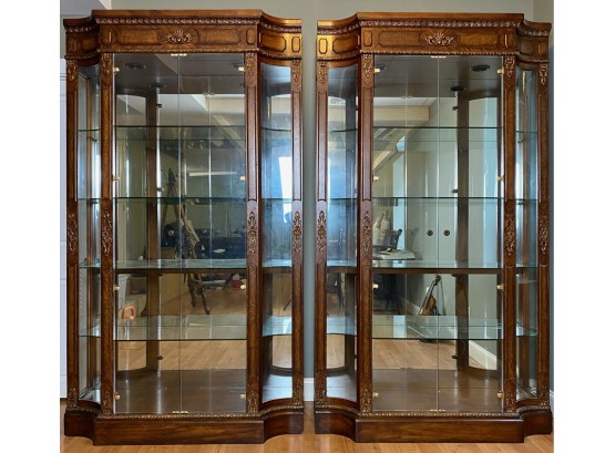 Two French Style Tall Glass, Mirror And Wood Display Cases
