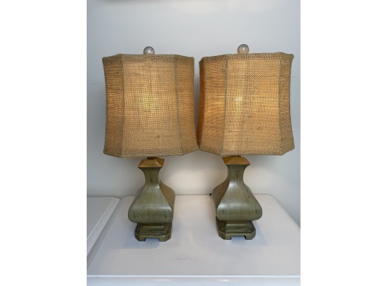 Pair Of Rustic Lamps In Distressed Green Finish With Burlap And Grossgrain Shade