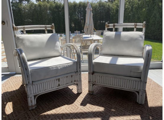 Pair Of Vintage Rattan Chairs In Distressed White