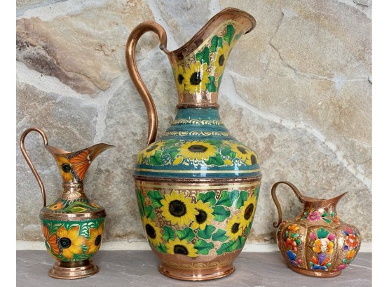 Trio Of Mexican Artisan Copper And Hand Painted Enamel Pitchers  With Flowers
