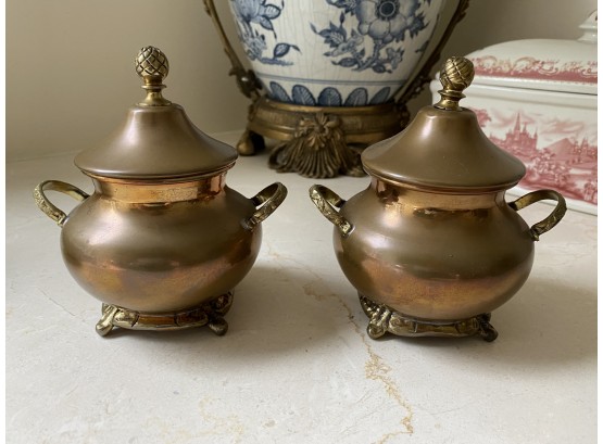 Pair Of Copper Lidded Table Top Servers