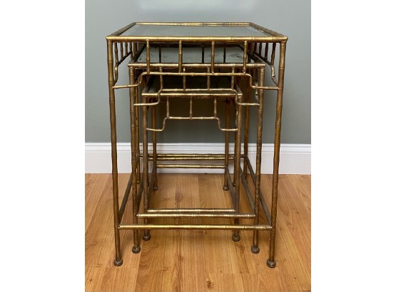 Set Of 3 Eglomise Or Mirror Top And Gilt Nesting Tables