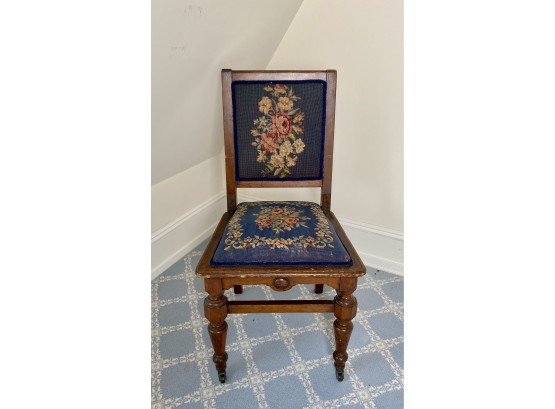 Antique Oak Chair With Tapestry Seat And Back Upholstery, And Brass Castors