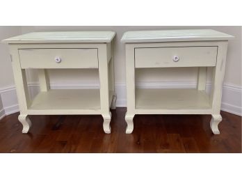 Pair Of Rustic Wood Night Tables In Off-white With Distressing And Ceramic Knobs