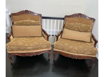 Pair Of Wide Wood And Upholstered Arm Chairs With Nail Heads
