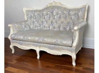 Antique Chippendale Style Painted Off White Wood And Light Blue Upholstered Loveseat With Tufted Back