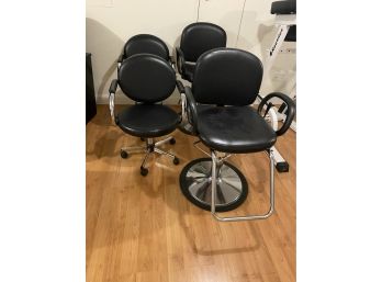 2 Hair Stylist Or Barber Chairs And Two Practitioner Arm Chairs On Wheels