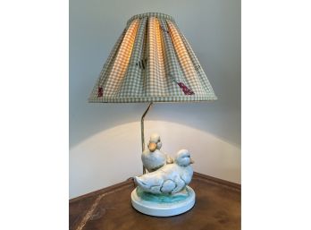 Lamp With Brass Arm, Two Ducks And Pleated Shade