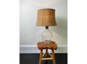 Handblown Glass Bottle Table Top Lamp With Cork And Burlap And Grosgrain Shade