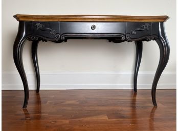 Butler Curved Leg Desk In Black And Maple With Hand Painted Fauna Accent On Top