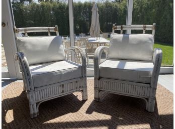 Pair Of Vintage Rattan Chairs In Distressed White