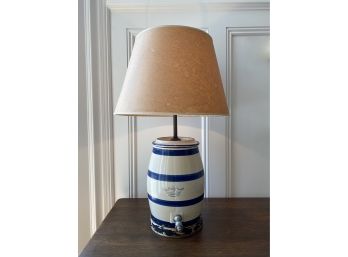 Antique Robinson Ransbottom Stoneware Converted Crock Table Top Lamp With Blue Stipes
