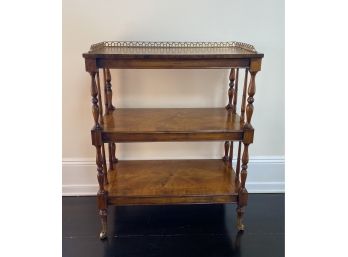 Antique Regency Three Tier Diamond Pattern Wood Inlay Book Or End Table With Brass On Castors