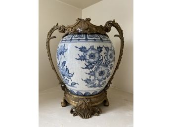 Blue And White Ceramic Vase With Ornate Metal Stand