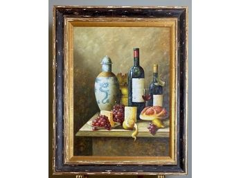 Large Oil Painting Of Still Life With Grapes And Blue And White Vase