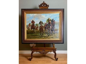 Oil On Canvas In Frame Horse Racing Scene
