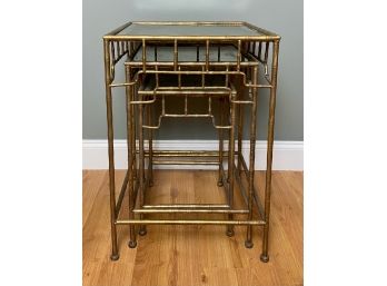 Set Of 3 Eglomise Or Mirror Top And Gilt Nesting Tables