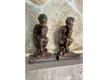 Pair Of Vintage Cast Metal Bookends - The Thinker Boy