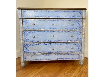 Antique Chest Of Drawers In Distressed Blue With Blue Hand Painted Detail