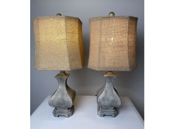 Pair Of Grey Wash Distressed Table Lamps With Burlap And Grossgrain Shades
