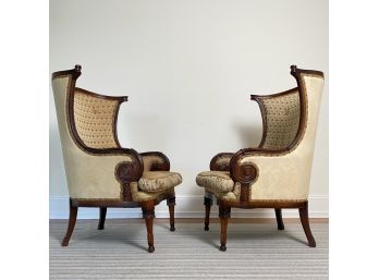Pair Of Wood And Upholstered High Back Wing Chairs Jeff Zimmerman Collections
