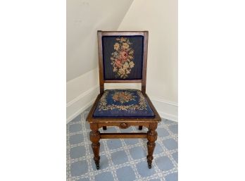 Antique Oak Chair With Tapestry Seat And Back Upholstery, And Brass Castors