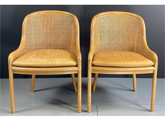 Pair Of Ward Bennett For Brickel Associates Bent Wood And Cane Back Chairs With Leather Seat - Arm Chairs