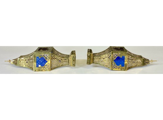 Pair Of Brass, Blue & Red Glass Moroccan Wall Sconces