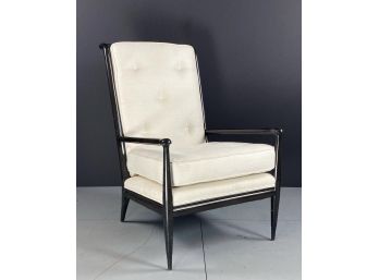 Mid Century, High Comb Back Wood Frame And Off White Upholstered Arm Chair
