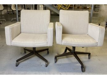 Pair Of Vintage Knoll Upholstered Arm Chairs On Wheels