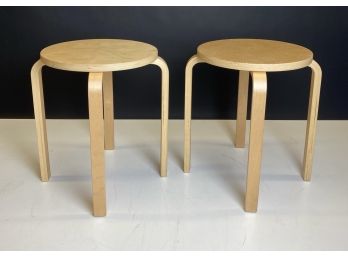 Pair Of Blonde Side Tables With Bent Plywood Legs By Ikea