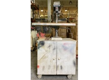 Delta 12' Drill Press And Heavy Duty Vice On Cabinet With Wheels, And Everything Inside Cabinet