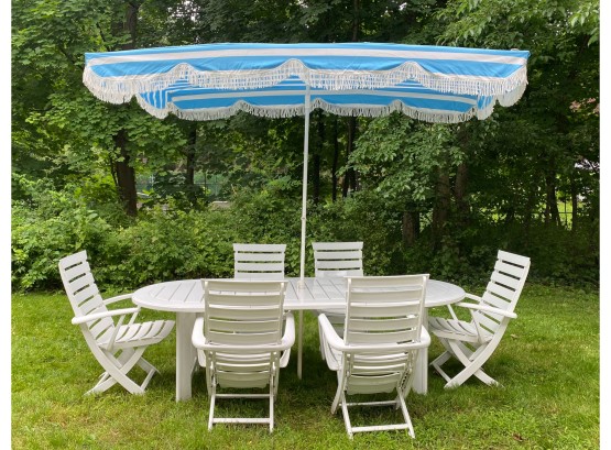 Mid Century Modern Vintage French Triconfort Resin Outdoor Table, 6 Adjustable Chairs  And Striped Umbrella