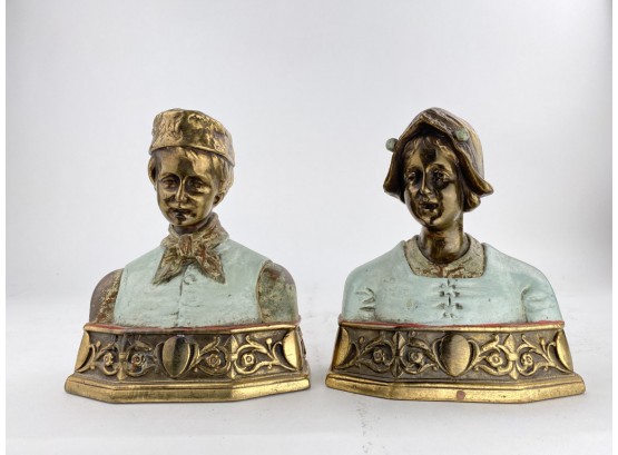 Pair Of Antique Pompeian Bronze Colored Bust Bookends