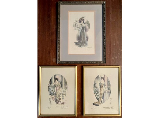 Three Framed Antique French Plates From Toilette Portee 'La Femme Chic'