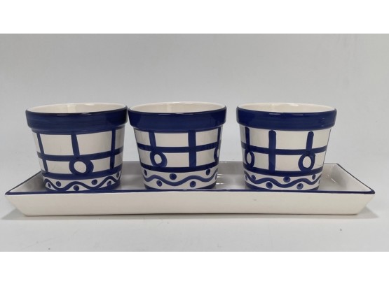 Three Blue And White Planter Pots On Tray