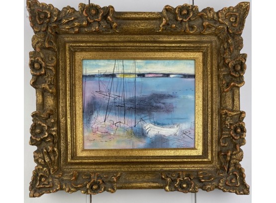 Oil Painting On Board, Framed, Contour Of Boats In The Water, Signed