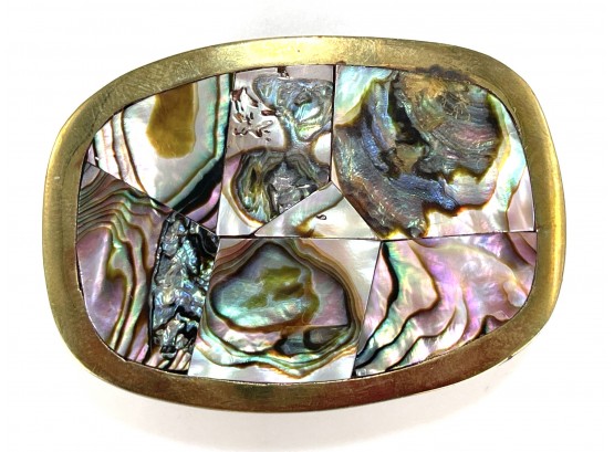 Vintage Made In Mexico Abalone Shell And Brass Belt Buckle