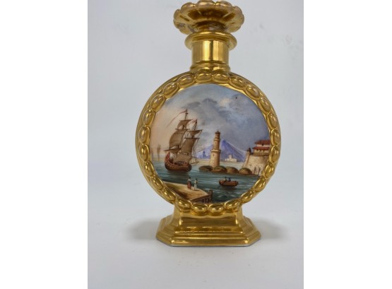 Porcelain Gilded Bottle With Stopper Painted Ship And Genre Scenes