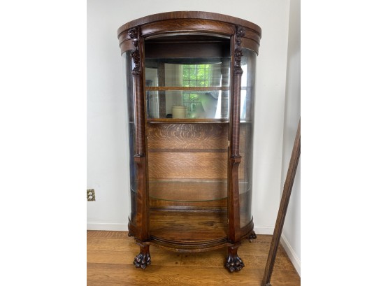 Antique Quarter Sawn, Curved Front Claw Foot, Curio Cabinet