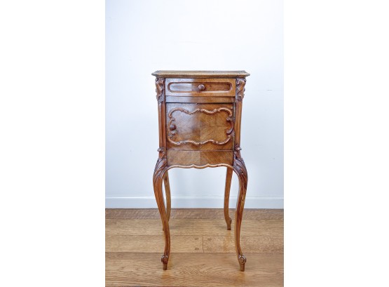 Antique Walnut And Beechwood Bedside Table With Marble Interior