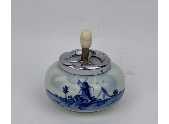 Delft Blue Hand Painted Holland Ceramic Push Down Ashtray With Spinning Tray