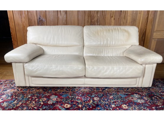 1980's Post Modern Butter Cream Colored Leather Sofa By Roche Bobois