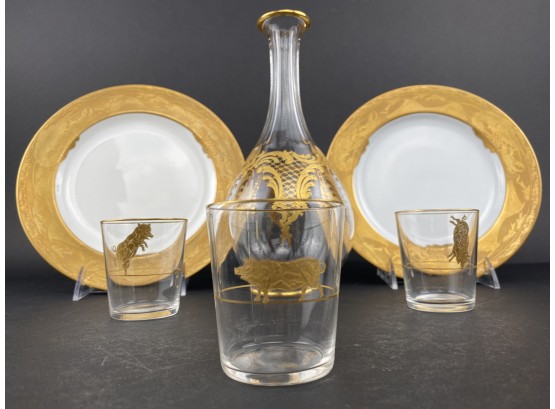 Lot Of Interesting Serve Wear With Gold Detail Crystal Decanter, Plates With Gold Sea Life Etched, Pig Glasses