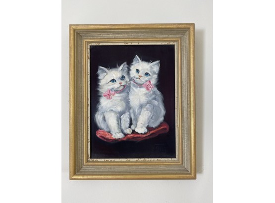 Signed Vintage Oil Painting Of Two White Cats